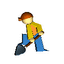 A cartoon character in a yellow jacket and blue pants shovels with a dark gray shovel against a light gray background.