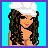 Pixelated icon of a woman with long brown hair wearing a white headpiece and dress, holding a black clutch purse against a bright blue background.