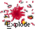 Pixelated red explosion with scattered fragments and yellow-orange sparks on gray background, below which is the word 'Explode' in black-and-white block letters.