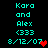 Pixelated cyan text reads 'Kara and Alex (333 8/12/07' with a red heart symbol on black background; two identical frames show heart in different positions.