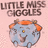 Pixelated image with pink and cyan sections containing text and a cartoon character, displaying 'LITTLE MISS GIGGLES' at top left.