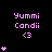 Pixelated pink text 'Yummi Candii' with '<3' and varying heart counts on black background.