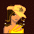 Pixelated cartoon character wearing yellow cap and dress with text blocks on dark and yellow backgrounds.