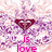 Pixelated icon with pink and purple background, dark red heart-shaped eyes, and bold pink text reading 'is love' below.