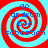 Four identical red and cyan spiral patterns with blue text reading 'go landrum boo sabastian' arranged in a on a light blue background
