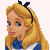 Pixelated image of a character with long blonde hair, blue eyes, and a blue dress with white accents, wearing a black headband with a dark blue bow.