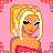 Pixel art of a blonde woman in red and blue clothing with heart patterns on pink background, text "for me" and "love me" visible.