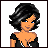 Pixel art character with short black hair, orange skin, and blue eyes in three poses showing head turn and clothing details.