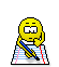 Yellow cartoon character with wide eyes writing on lined paper, holding a blue pen, surrounded by floating hearts and sparkles in various positions.