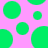 Green circular shapes of varying sizes on a pink background with one shape having a small notch.