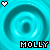 Two identical cyan spiral patterns with pixelated hearts above and 'MOLLY' text below, rendered in a retro digital style.