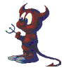Pixelated devil icon with red body, blue limbs, horns, tail, and white eyes holding a pitchfork against gray background.