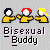 Three pixelated figures in yellow shirts stand side-by-side with white faces, black outlines, and distinct hair colors against a gray background, below text reading "Bisexual Buddy".