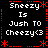 Pixel art with red decorative borders and repeated white text on black background, displaying 'Sneezzy Is Jush TO Cheezy<3' in four identical quadrants