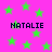 Bright pink background with scattered green stars and four instances of the text 'NATALIE' in dark blue pixelated font.