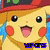 Yellow cartoon character with red cheeks and black eyes, wearing a red cap, smiling with tongue out against blue background.