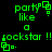 Green pixelated text and symbols on black background, repeating 'party like a rockstar !!' with small square icons above and below the text.