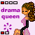 A 4-frame animated contact sheet showing a pixel-art character with long brown hair in a high ponytail, wearing a pink dress and black arm sleeves, standing against a light purple background with "drama queen" text and color palette indicators.
