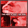 A red-tinted animated sequence shows a person in a white garment with a head covering, transitioning through multiple poses while text reads "THIS PAIN IS JUST TOO REAL".