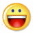 Yellow circular emoji with blue eyes and wide open mouth showing teeth, red tongue, white background on left side of image.