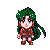 Pixel art character with green hair and brown outfit holding a glowing orb, transitioning through black silhouette, ice effects, and multiple poses.