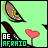 Animated contact sheet showing two frames of a pixel art icon with green background, featuring a brown and yellow character head, dark red object, pink heart, and text "BE AFRAID" in white and green.