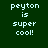 Pixelated text on a dark green background reads 'peyton is super cool!' in light blue, with one instance of the text appearing darker.