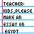 Pixelated text on lined paper shows teacher-student dialogue about writing an essay on Egypt, with red 'GOOGLE' letters and grayed-out section.