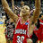 Pixelated image of a basketball player in red jersey with number 30, arms raised, next to bold red text reading "i luv stephen curry :]" on dark background.