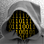 A hooded figure with binary code filling the face area, displayed in a of nine showing sequential animation frames