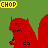Pixel art animation of a red squirrel-like creature being chopped and sliced by purple figures with swords, accompanied by text fragments.
