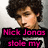 A four- shows a person with curly dark hair in different poses, each overlaid with colored text reading "Nick Jonas stole my heart and wont give it back... <3333333"