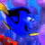 Pixelated blue fish character with black outline and white eye against colorful gradient background, likely from a movie or animated film.