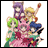 Pixelated group of anime characters with varied hair colors and clothing poses against white and black backgrounds.