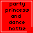 Red square icon with black pixelated text 'party princess and dance hottie' in four lines, white border, two variations showing a small white heart or star symbol on the right side.