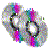 Pixelated abstract shape with two circular voids, composed of multicolored squares on a gray background.