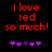Red pixelated text reads 'i love red so much!' above purple heart symbols on a black background, with one symbol changing color between frames.
