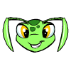Green cartoon insect head with large yellow eyes and antennae, smiling in multiple expressions across a