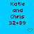 Pixelated text on bright blue background with green heart symbols, showing 'Katie and Chris 32+89' in two identical vertical