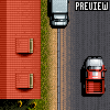 Pixel art scene showing a red building with two windows, grassy terrain, and two vehicles on a road under the word PREVIEW.