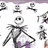Pixelated grayscale icon of a smiling skeleton with outstretched arms, wearing purple pants and black shoes on a white background.