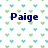 Pixelated text reads "Paige loves you" over a repeating pattern of small green and blue heart shapes on white background.