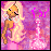 Pixelated cartoon character with long blonde hair and closed eyes, wearing a white necklace and pink dress, standing beside a pink dress-shaped object with changing pink symbols above it.