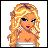 Pixel art contact sheet showing a blonde female character with long hair and jewelry in the top-left frame, red text "SEXY" on blue background in bottom-left frame, solid purple and gray backgrounds in other frames.