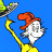 A pixelated character with a red hat and yellow body holds a gray-and-green object against blue background, next to green text on dark green.