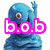 Blue one-eyed creature with red eye, waving hand, and open mouth expression in pixelated style.
