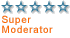 Five blue stars with white centers above orange pixelated text reading 'Super Moderator' on a gray background.
