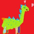 Green dinosaur with blue spikes and pink hearts on red background, static pose.