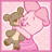 Pixelated icon of a brown teddy bear holding a pink heart with white polka dots against a light pink background.