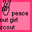 Pixelated pink square with black peace sign and text reading 'peace out girl scout' in blocky font.